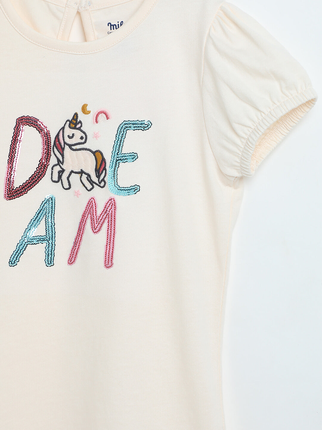 Milou Girls Pure Cotton Puff-Sleeve T-Shirt With Chest Embroidery
