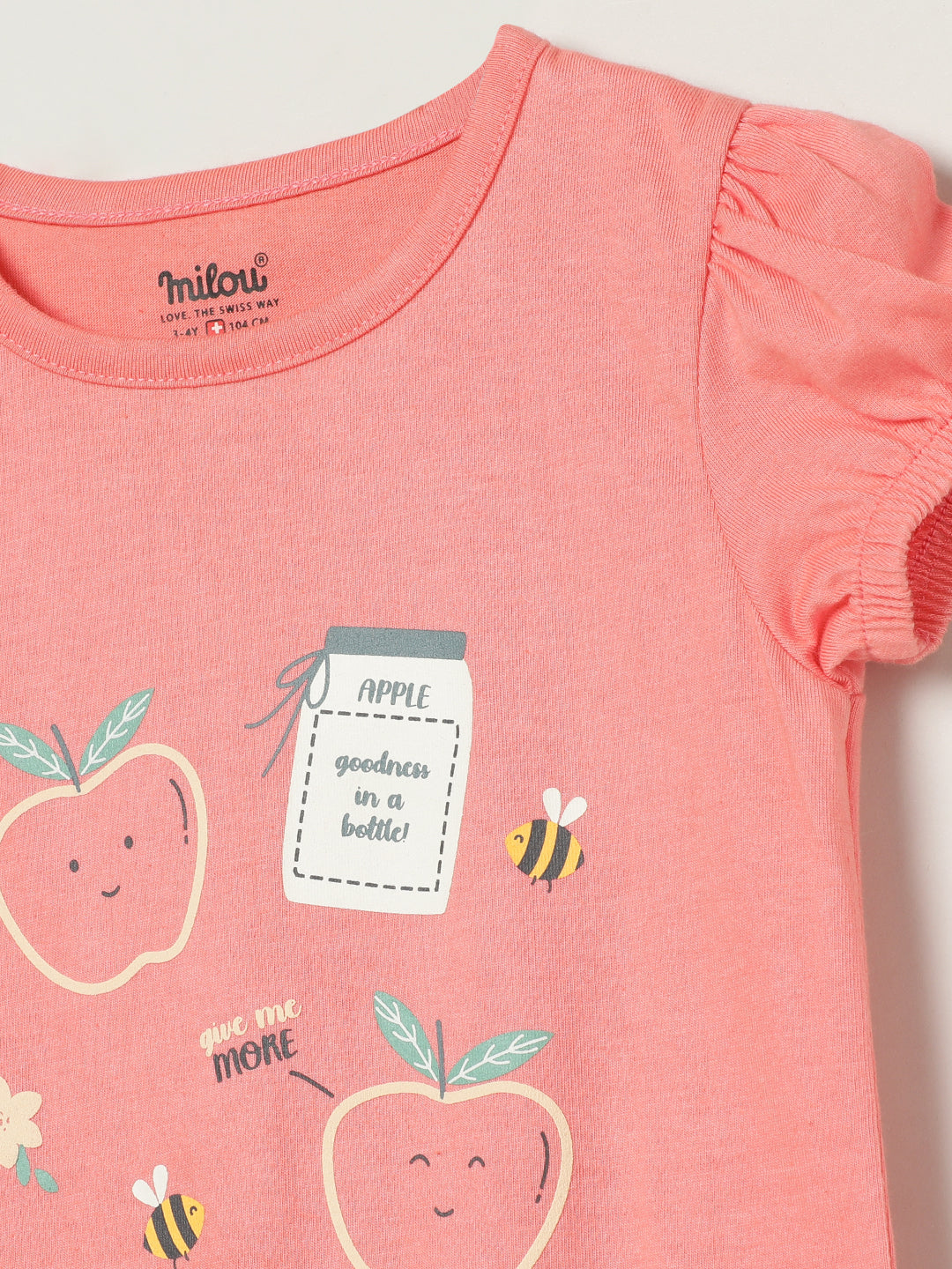 Baby Girl Peach Cotton T-Shirt | Puff Sleeve Apple Print | Milou Kids