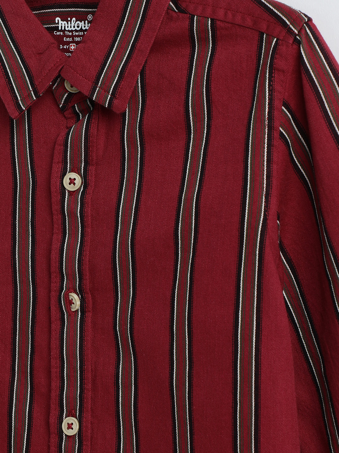 Milou Boys Cotton Full Sleeve Stripedd Bio-Washed Shirt Maroon Striped