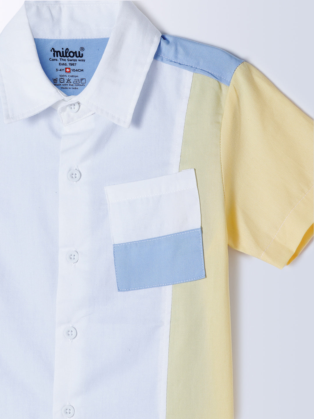Milou Kids Cotton Bio Washed Half Sleeve Triple Coloured Shirt for Boys - White