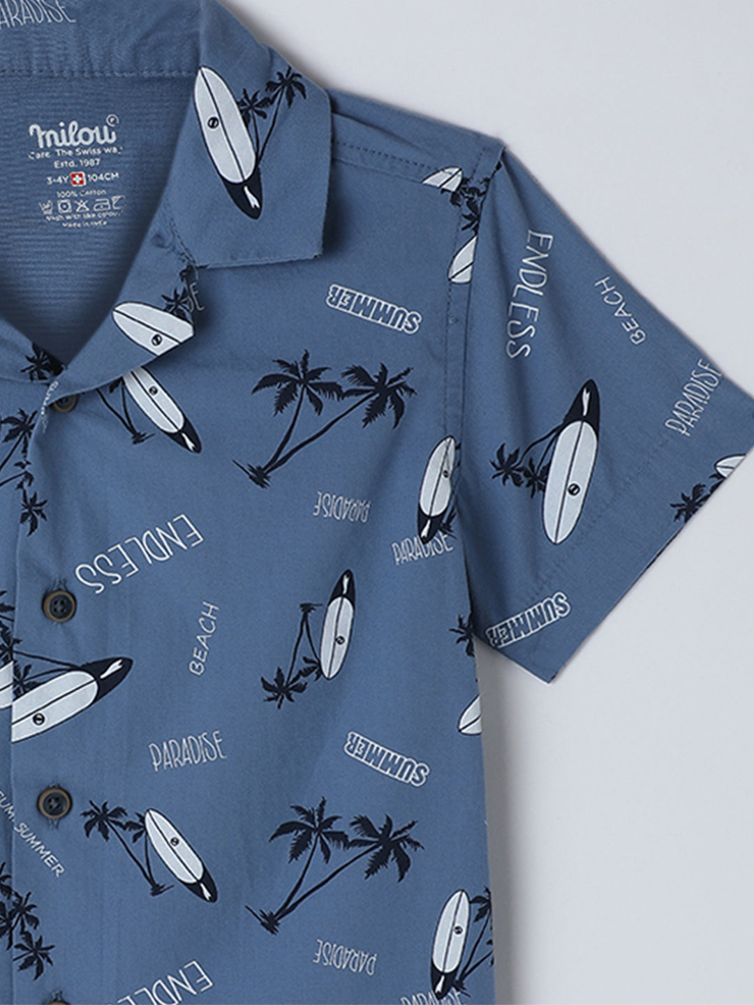 Milou Kids Cotton Half Sleeves All Over Printed Resort Collar Bio Washed Shirt for Boys SH-CU002