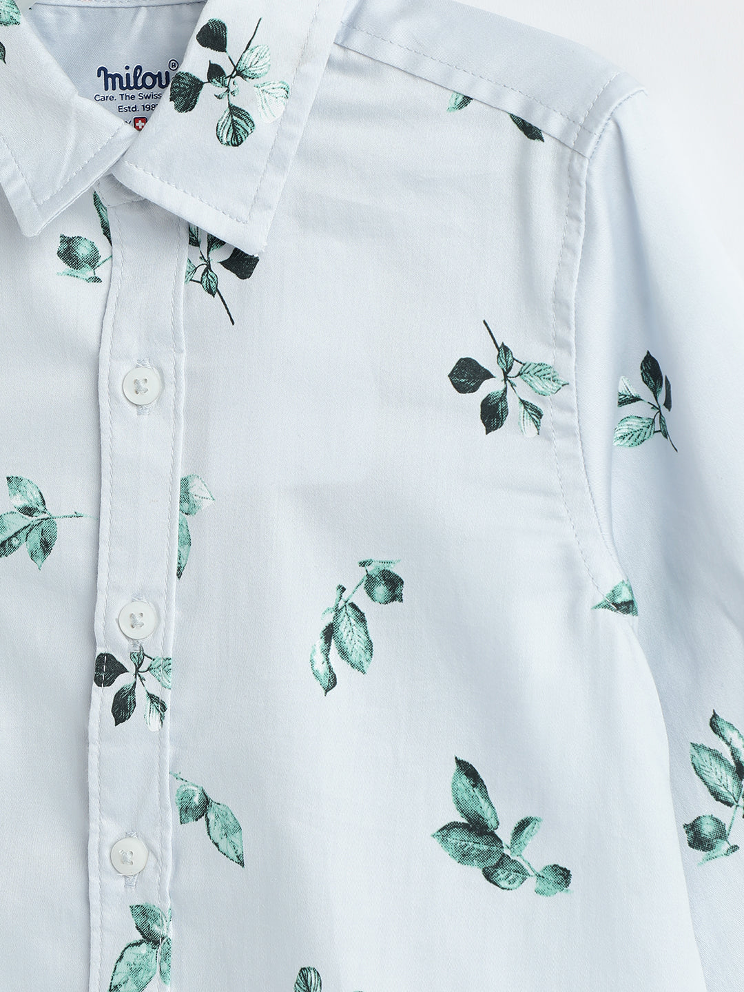 Milou Boys Full Sleeve Printed Bio-Washed Shirt Mint Leaf Print