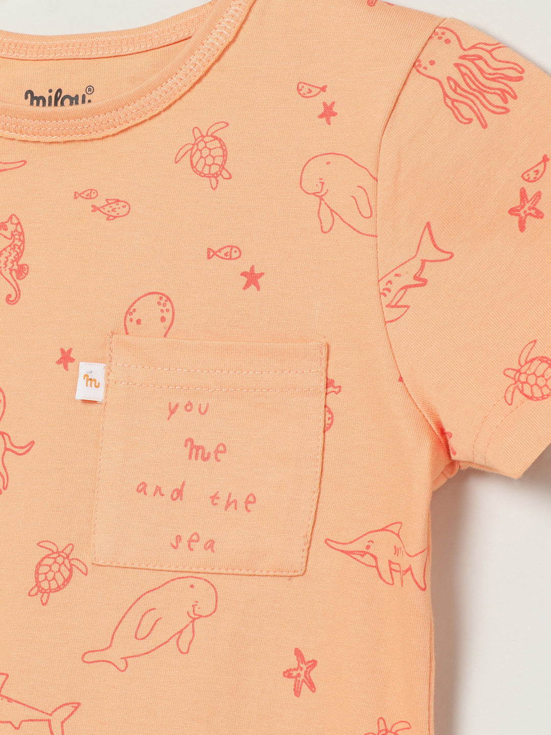 Milou Kids Half Sleeves Cotton Bio Washed Printed T-Shirt for Boys -Peach