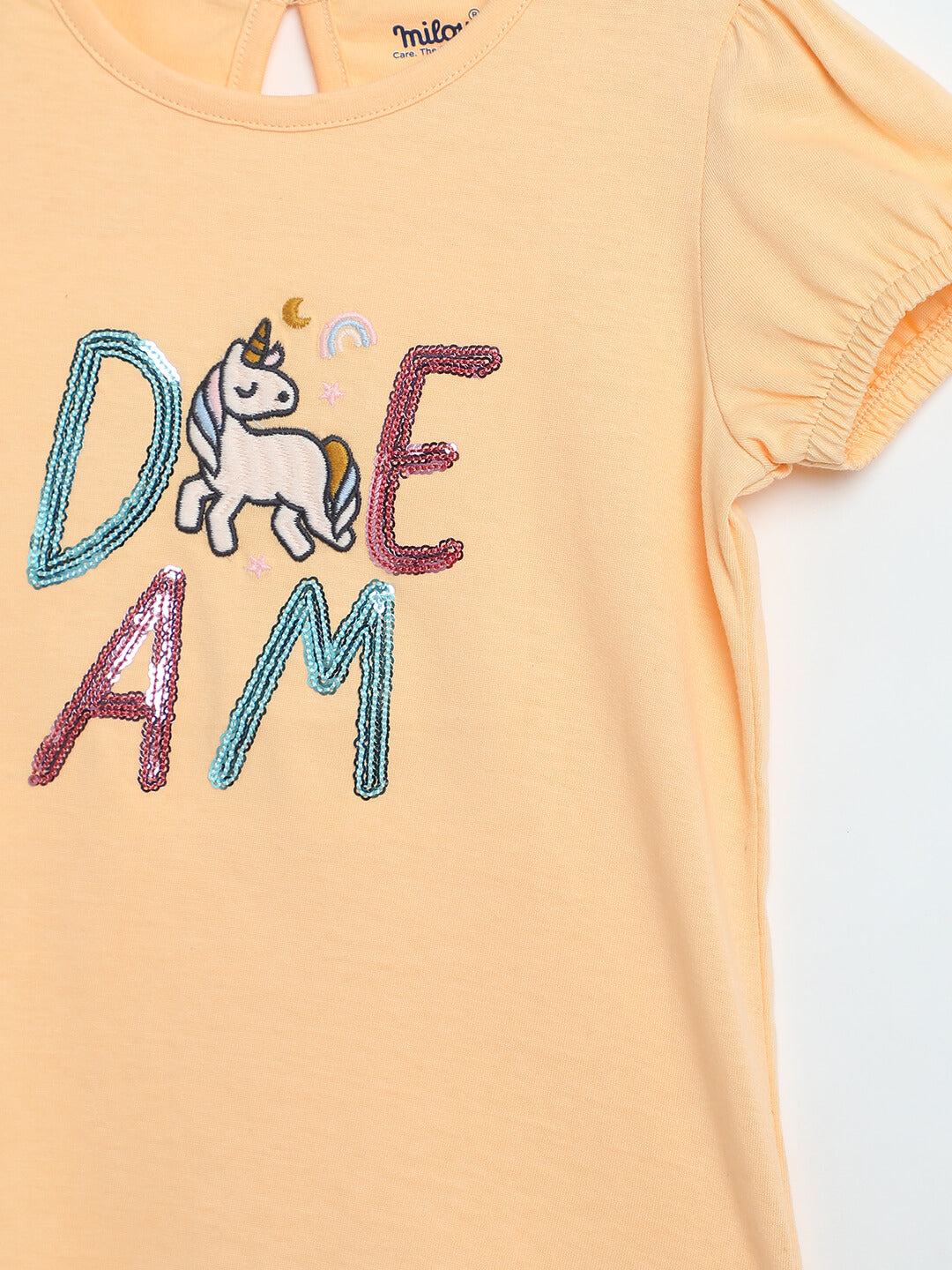 Milou Girls Pure Cotton Puff-Sleeve T-Shirt With Chest Embroidery