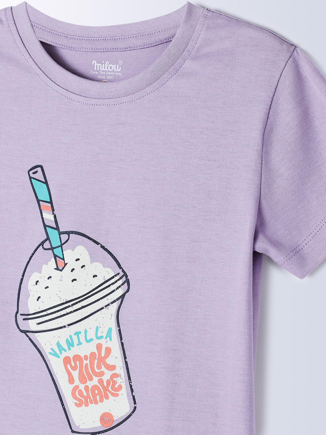 Milou Kids Cotton Bio Washed Half Sleeve Printed Rub and Smell T-Shirt for Girls - Lavender