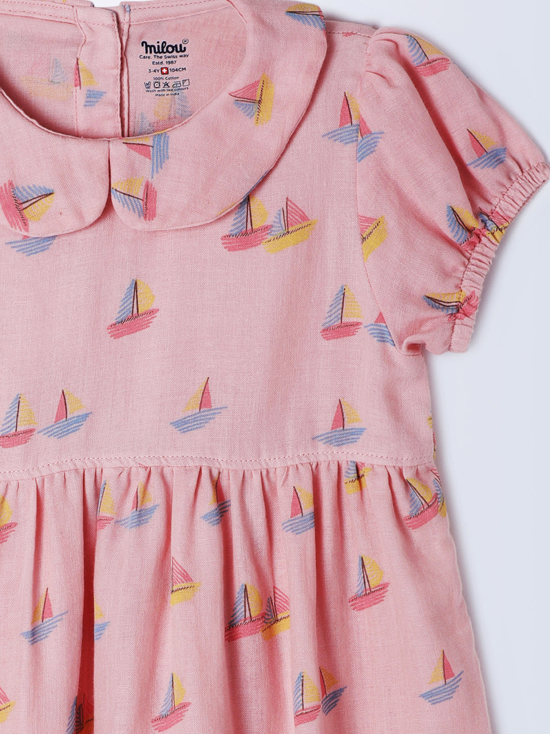 Milou Kids Cotton Short Sleeve Printed Bio Washed Dress for Girls - Pink