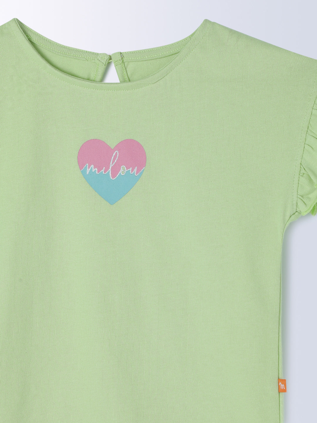 Milou Cotton Frilled Half Sleeves Bio Washed Placement Printed Top - Green