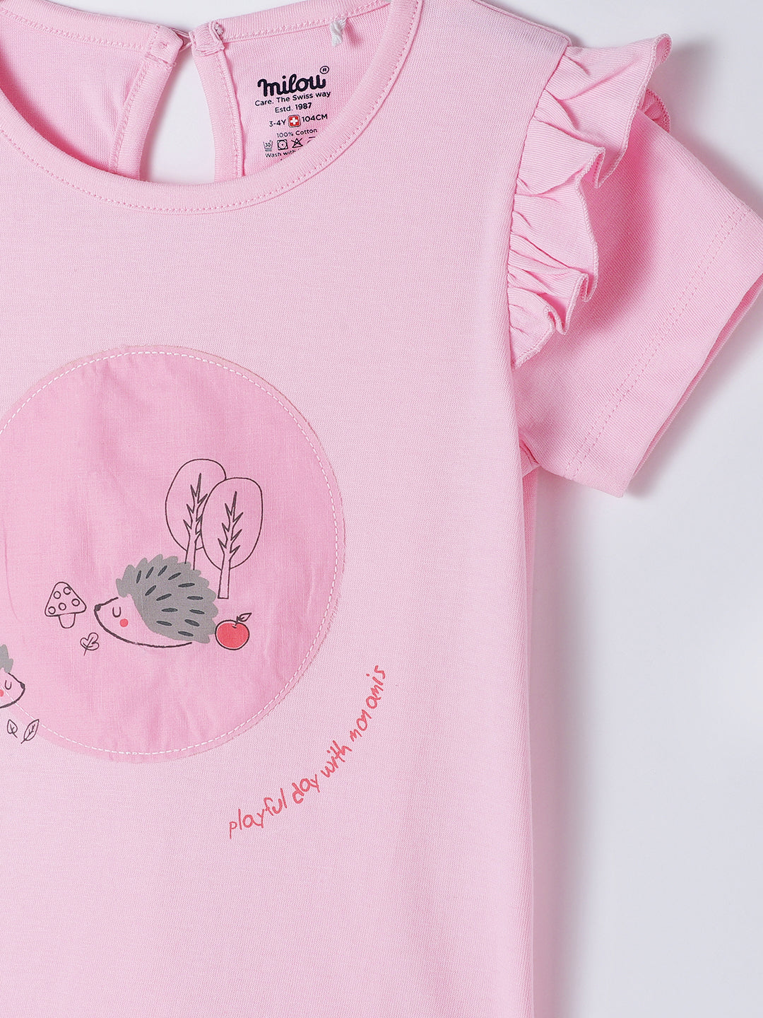 Milou Kids Cotton Short Sleeve Printed Solid Bio Washed T-Shirt for Girls - Pink