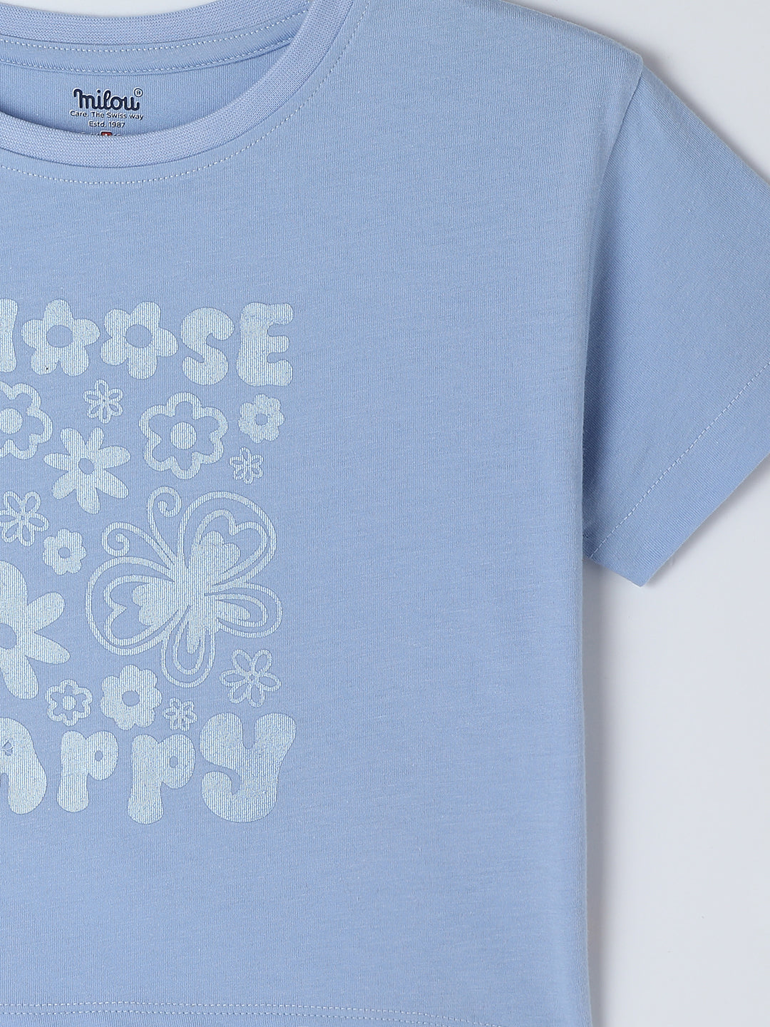 Milou Kids Cotton Half Sleeves Printed Crop Bio Washed Top for Girls -Blue