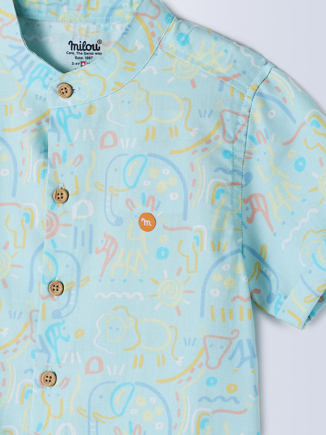 Milou Kids Cotton Bio Washed Half Sleeve Mandarin Collar Printed Shirt for Boys - Light Green