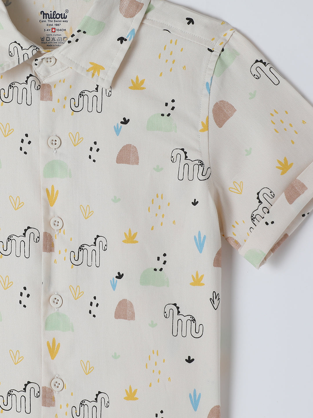 Milou Kids Cotton Half Sleeves All Over Printed Bio Washed Shirt for Boys -Off-White