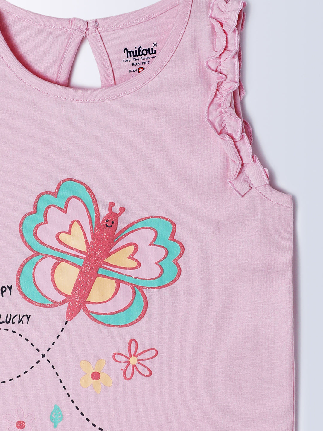 Milou Kids Cotton Bio Washed Sleeveless Printed Top for Girls - Peach