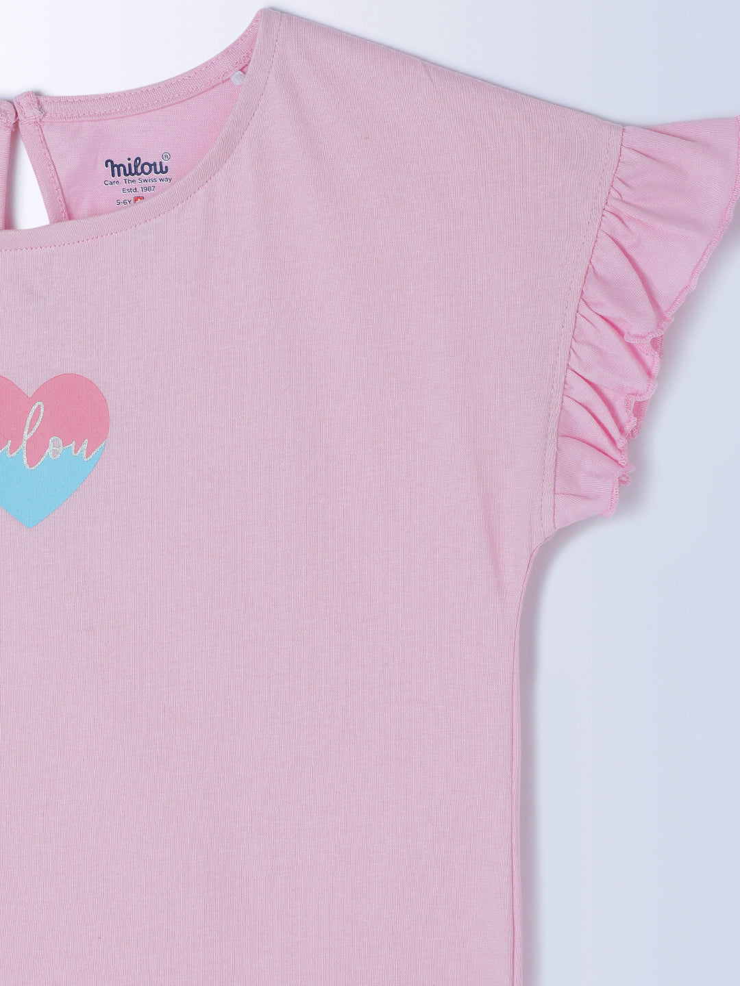 Milou Cotton Frilled Half Sleeves Bio Washed Placement Printed Top - Pink