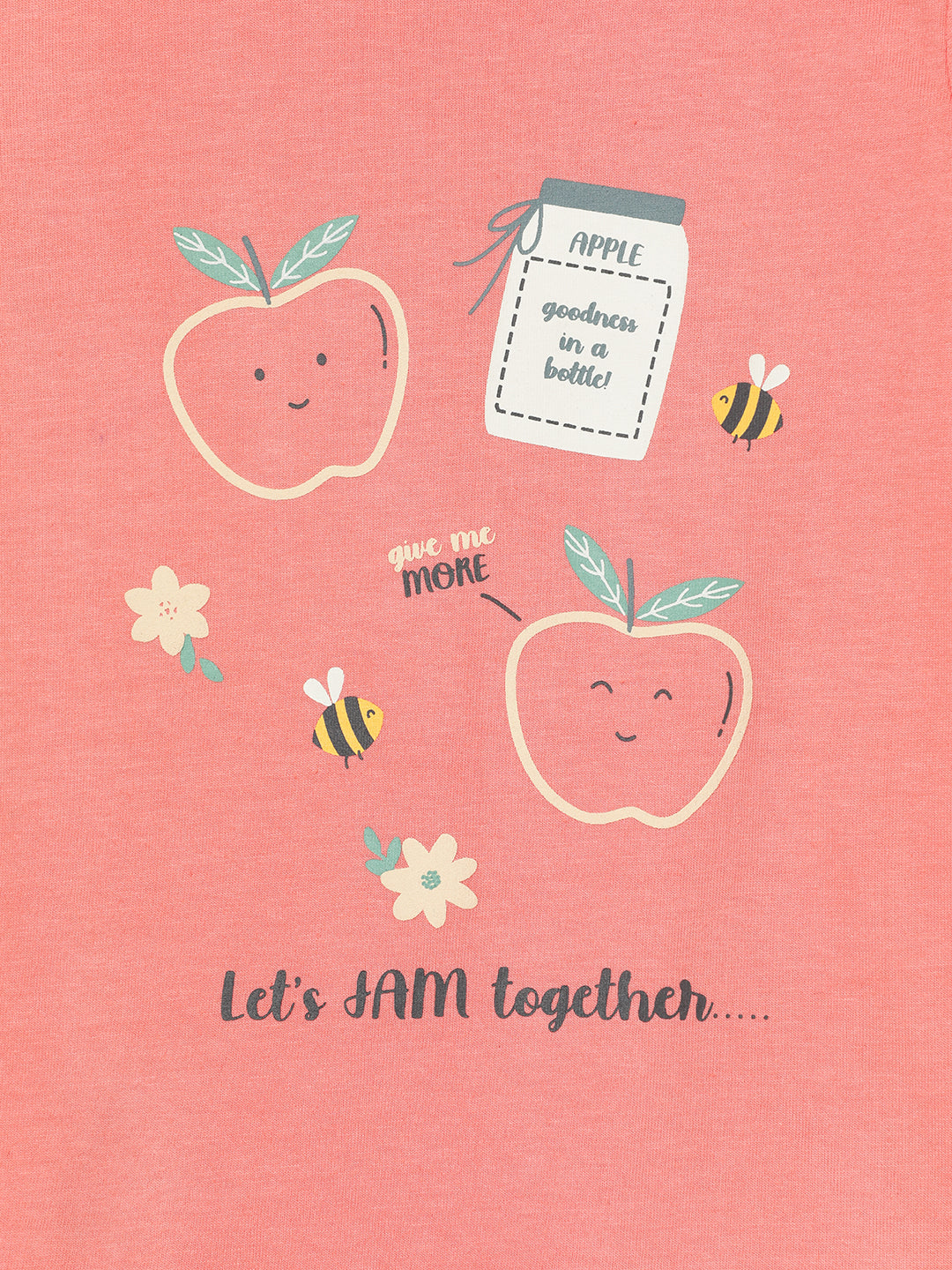 Baby Girl Peach Cotton T-Shirt | Puff Sleeve Apple Print | Milou Kids