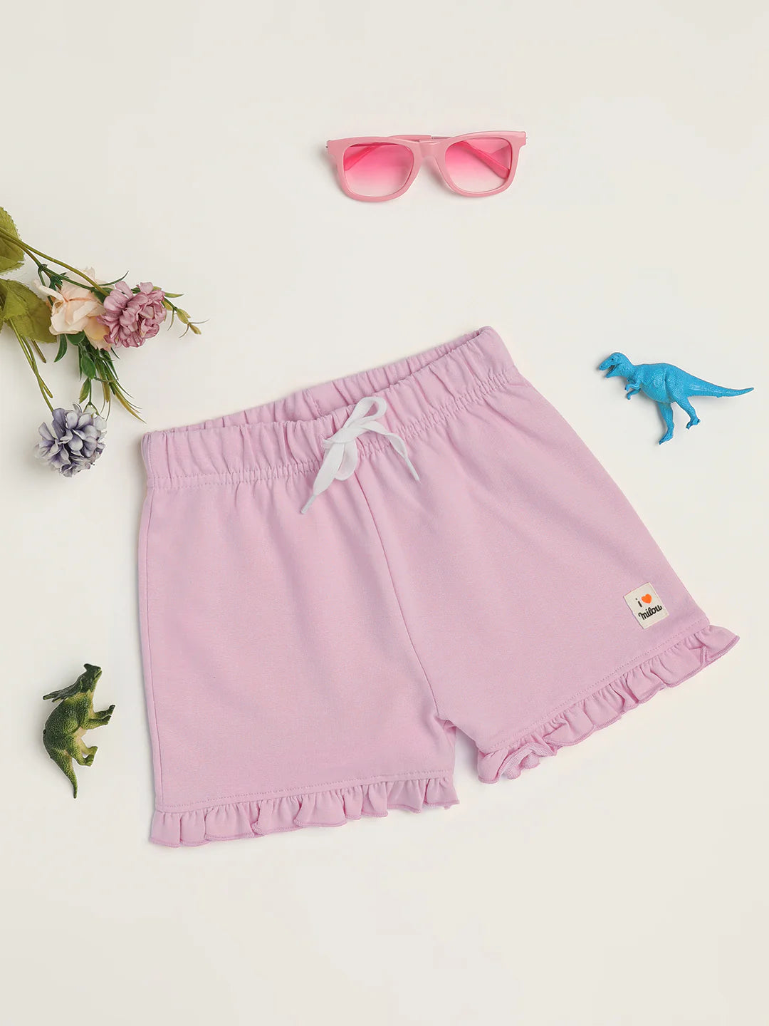 Milou Girls Mid Thigh Solid Frilled Hem Shorts Pink