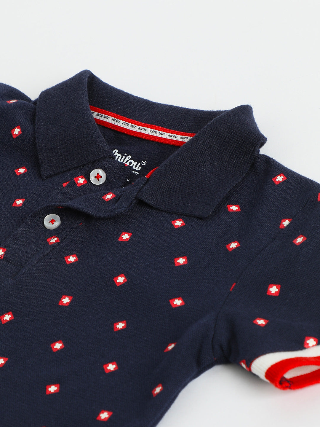 Milou Boys Half Sleeve Polo Neck T-Shirt Navy Blue Polka Print