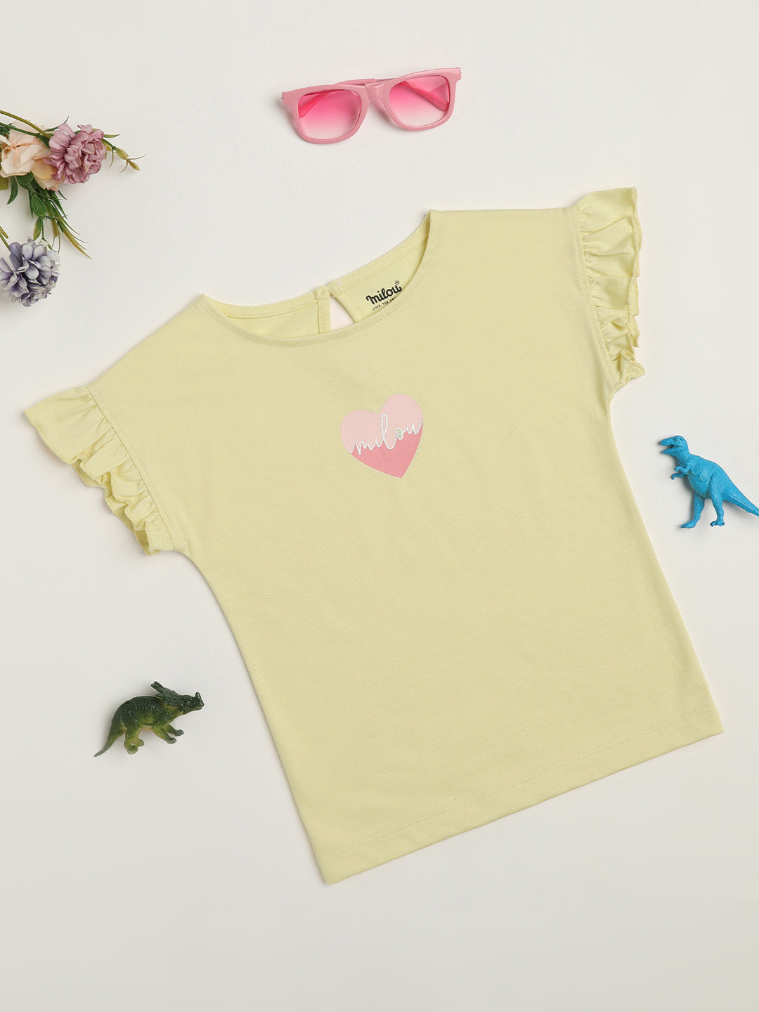 Milou Cotton Frilled Half Sleeves Bio Washed Placement Printed Top - Yellow