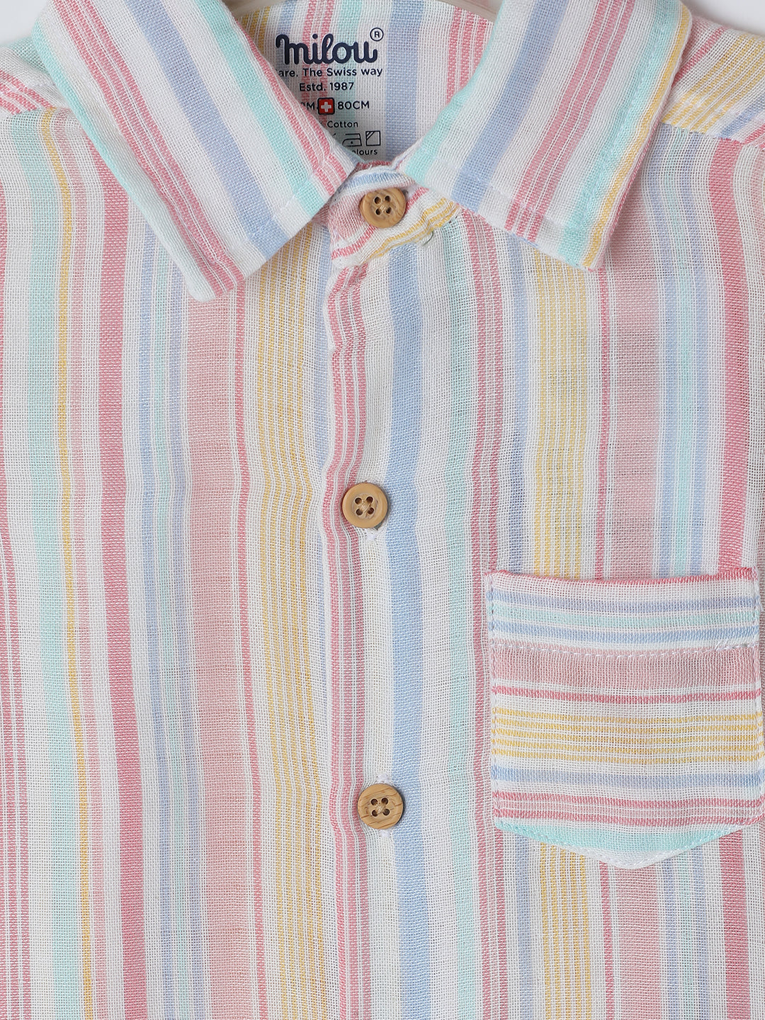 Milou Kids Cotton Half Sleeves Striped Bio Washed Shirt for Boys -Multicolored