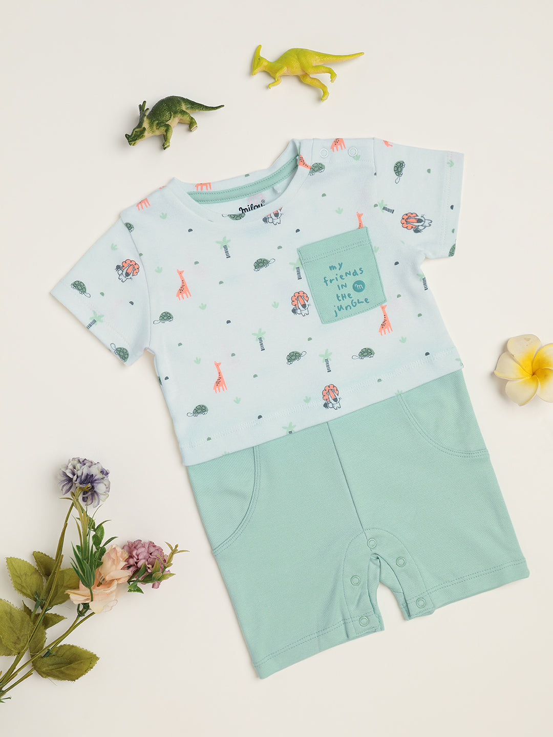 Milou Cotton Half Sleeves Bio Washed Infant Romper - Green