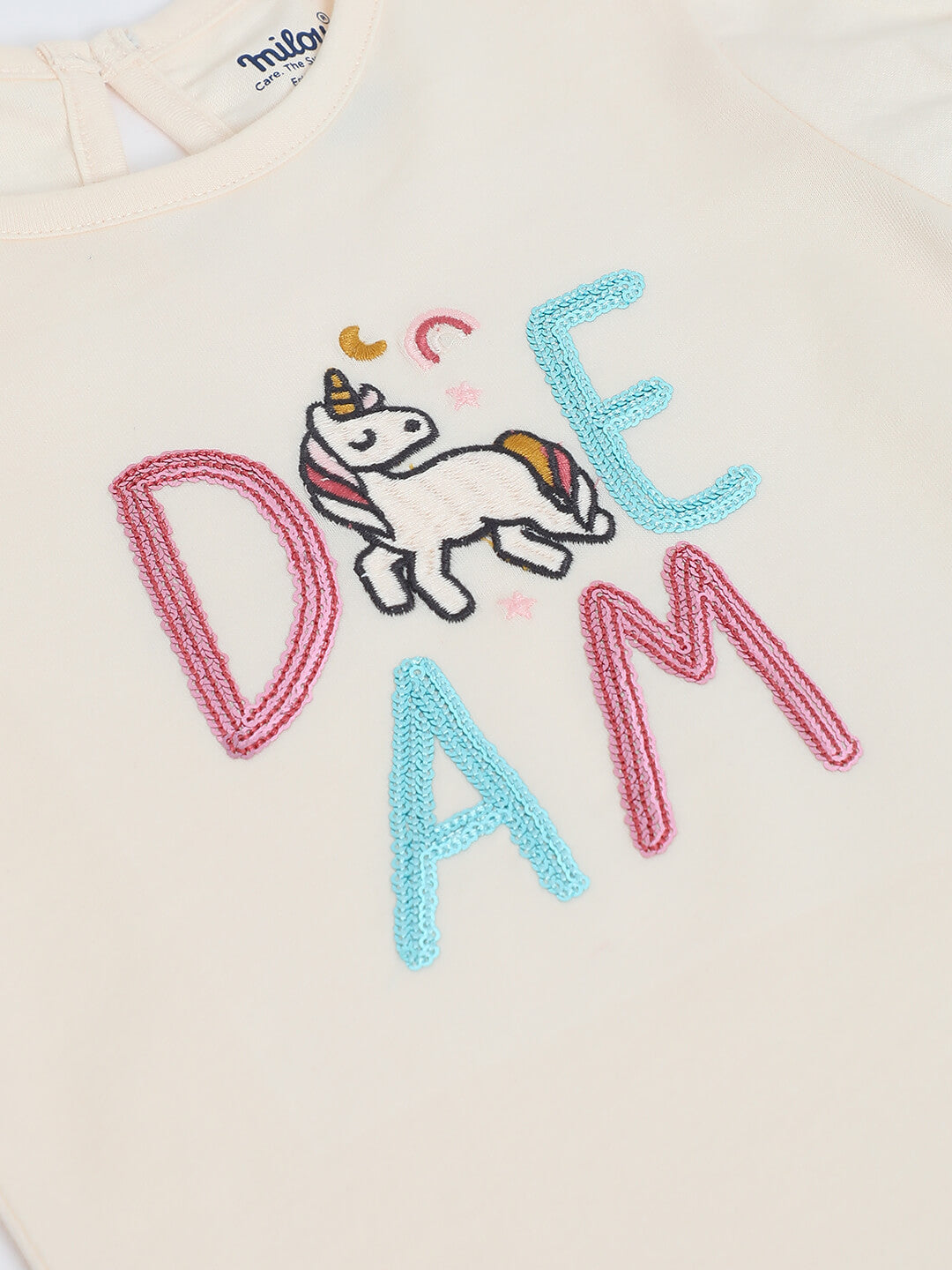 Milou Girls Pure Cotton Puff-Sleeve T-Shirt With Chest Embroidery
