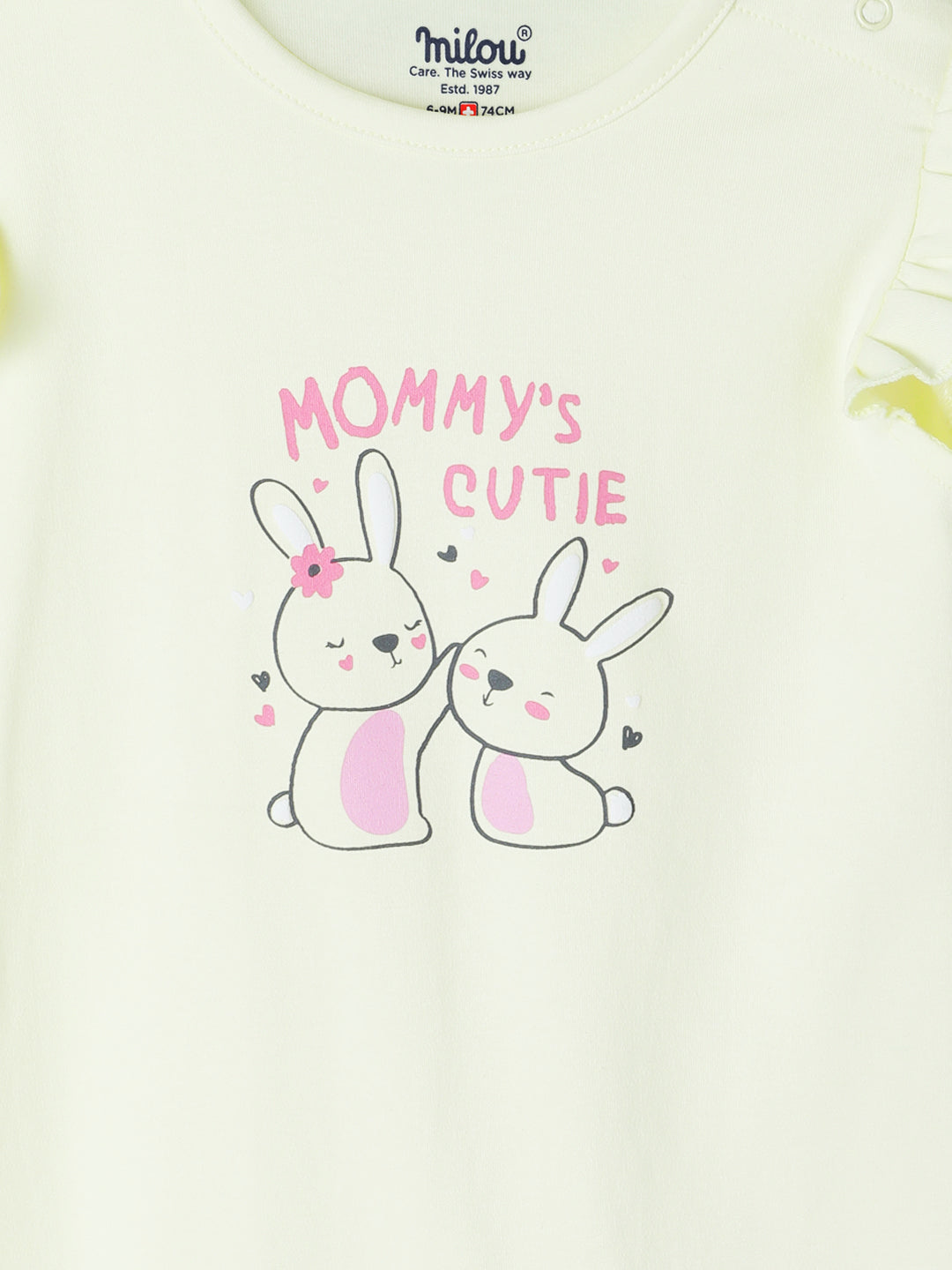 Milou Kids Cotton Bio Washed Self-Designed Printed Romper with Bib for Girls - Lemon Yellow