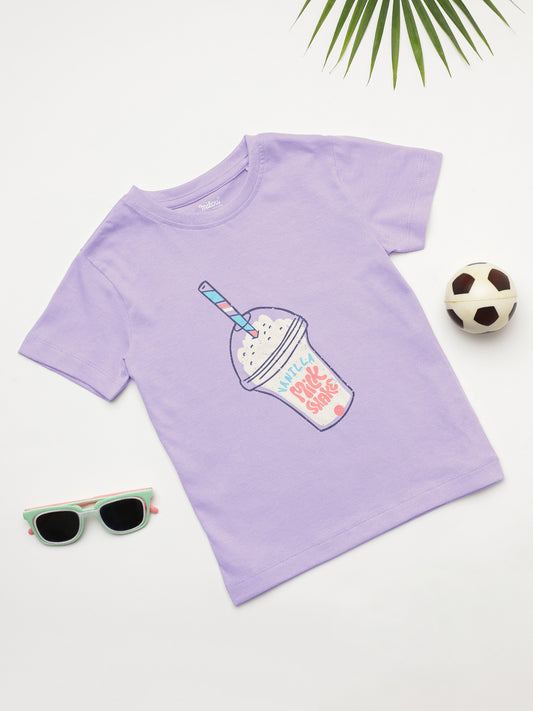 Milou Kids Cotton Bio Washed Half Sleeve Printed Rub and Smell T-Shirt for Girls - Lavender