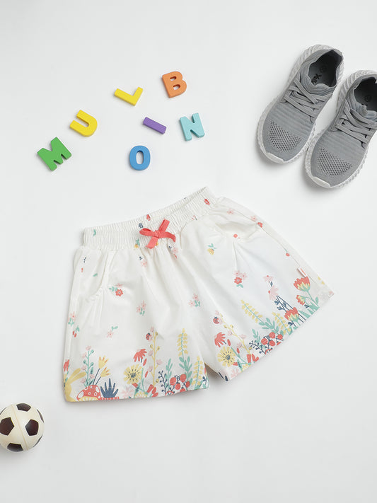 Milou Kids Cotton All Over Printed Mid Thigh Length Bio Washed Shorts for Girls -White