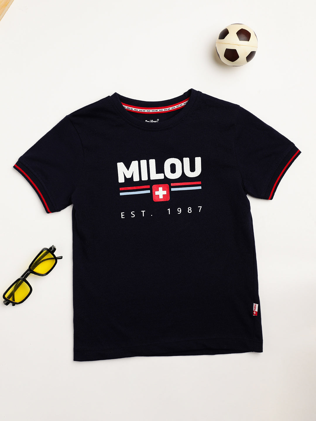 Milou Cotton Half Sleeves Bio Washed Printed T-Shirt - Navy