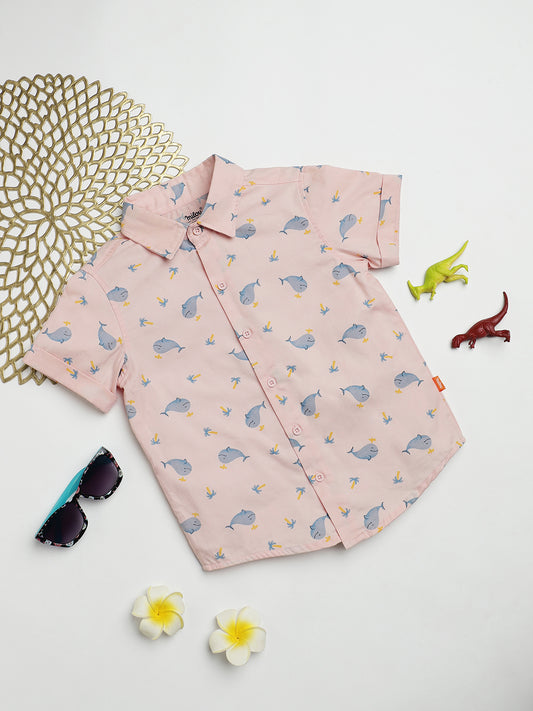 Milou Kids Cotton Half Sleeves All Over Printed Bio Washed Shirt for Boys -Pink