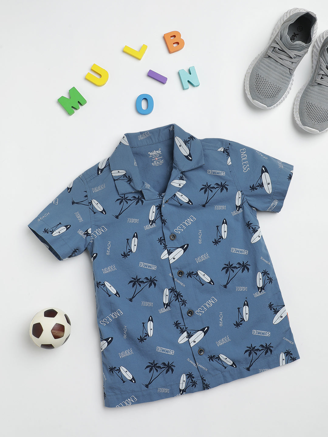 Milou Kids Cotton Half Sleeves All Over Printed Resort Collar Bio Washed Shirt for Boys SH-CU002