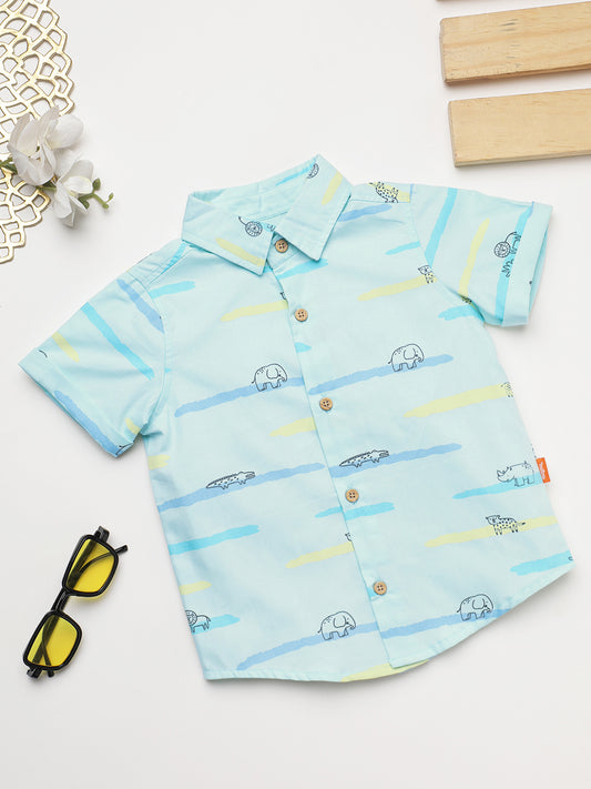 Milou Kids Cotton Bio Washed Half Sleeve Printed Shirt for Boys - Light Green