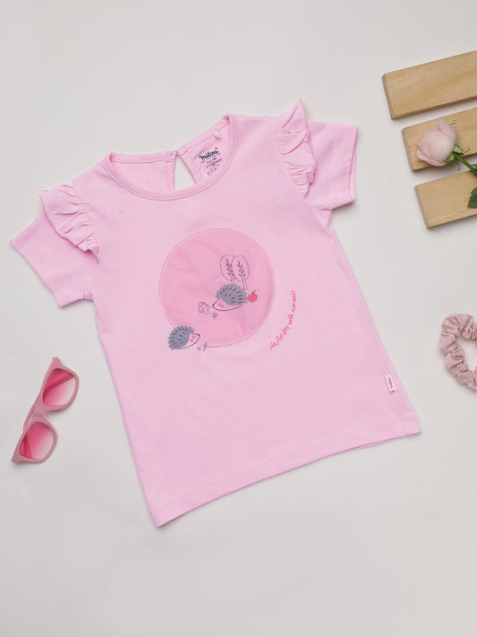 Milou Kids Cotton Short Sleeve Printed Solid Bio Washed T-Shirt for Girls - Pink