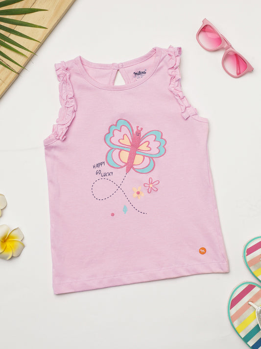 Milou Kids Cotton Bio Washed Sleeveless Printed Top for Girls - Peach
