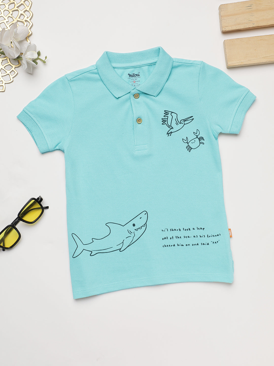 Milou Kids Cotton Bio Washed Half Sleeve Polo Neck T-Shirt for Boys - Light Blue
