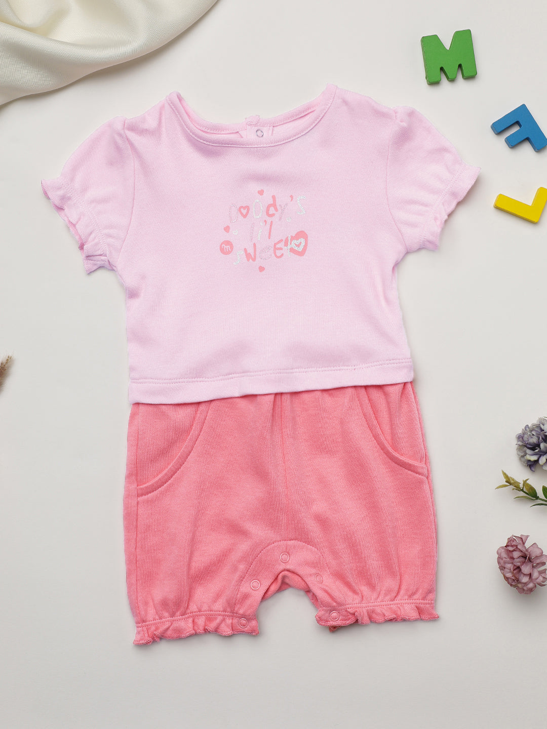 Milou Kids Cotton Bio Washed Printed Romper for Girls - Pink