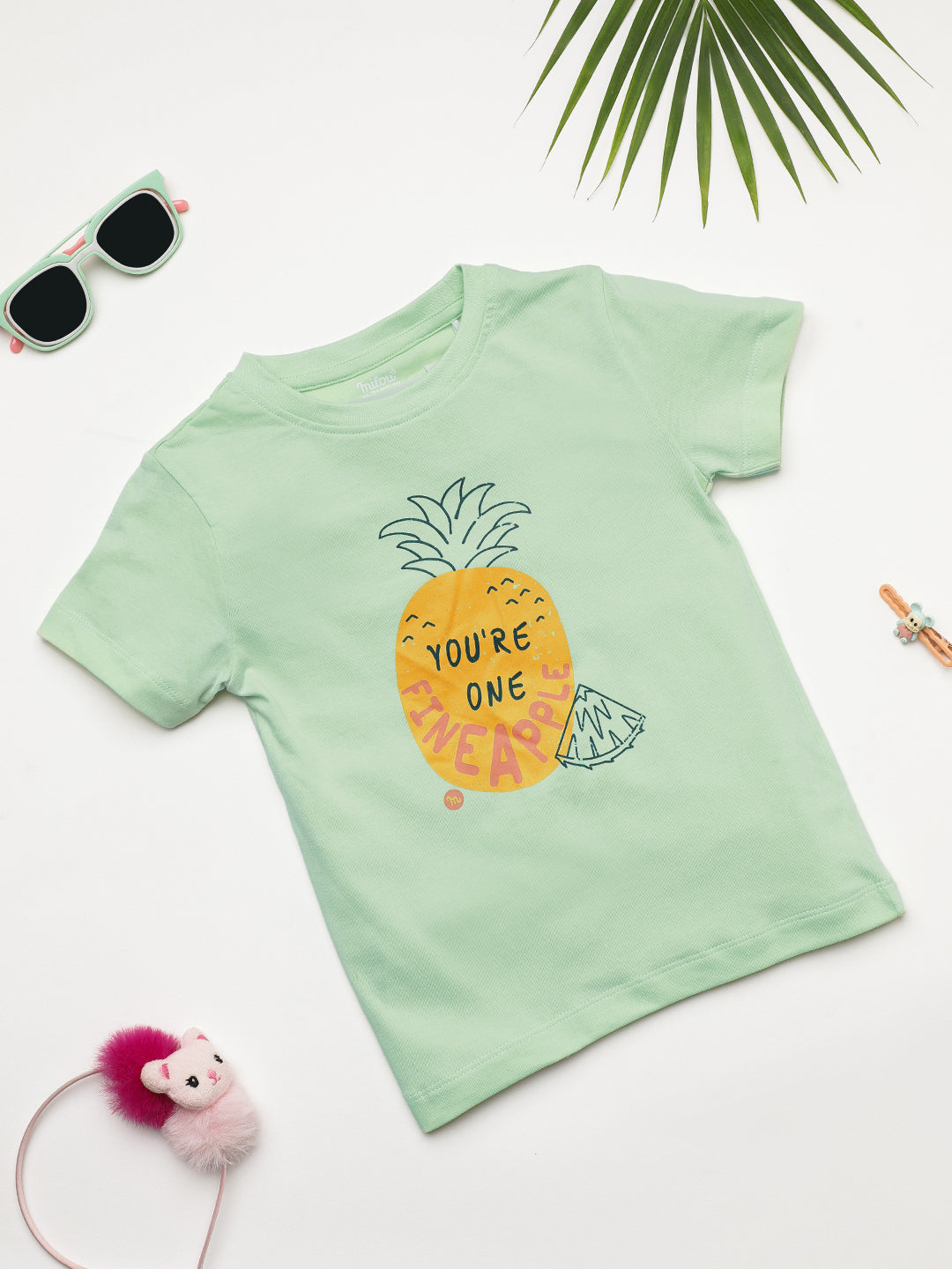 Milou Kids Cotton Bio Washed Half Sleeve Printed Rub and Smell T-Shirt for Girls - Green