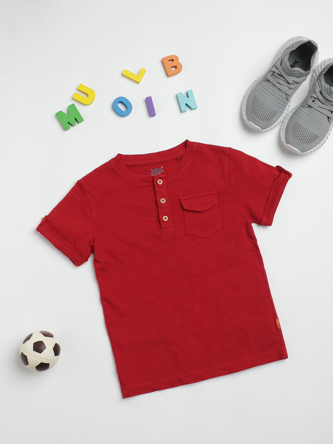 Milou Kids Cotton Half Sleeves Henley Neck Bio Washed T-Shirt for Boys TBNCTEE005