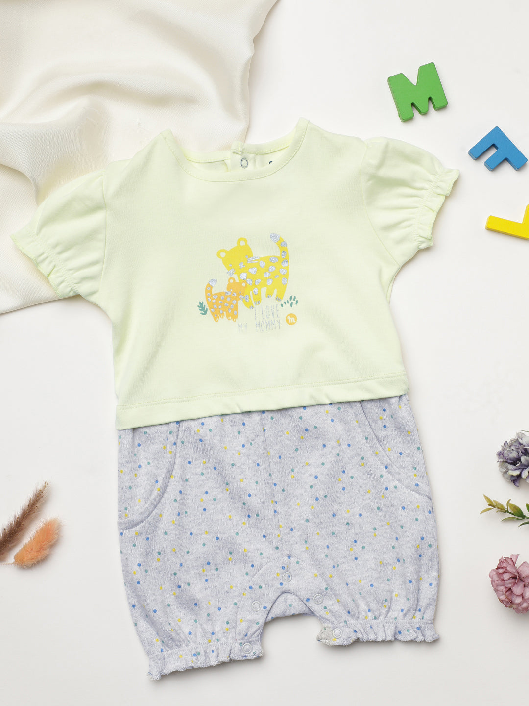 Milou Kids Cotton Bio Washed Printed Romper for Girls - Yellow