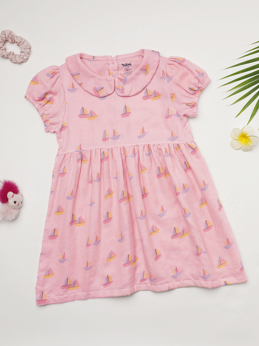 Milou Kids Cotton Short Sleeve Printed Bio Washed Dress for Girls - Pink