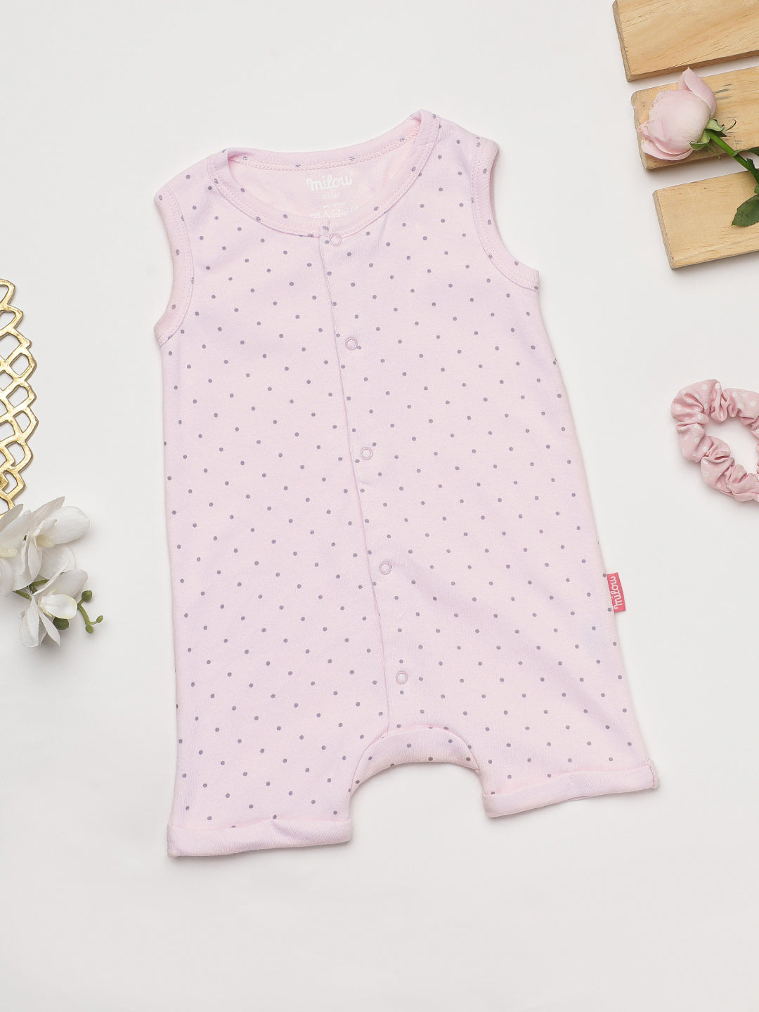Milou Kids Cotton Bio Washed Polka Dot Printed Romper for Girls - Pink