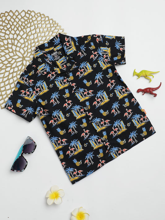 Milou Kids Cotton Half Sleeves All Over Printed Resort Collar Bio Washed Shirt for Boys SH-CU002