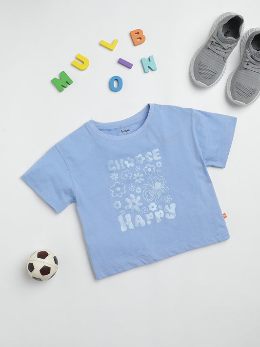 Milou Kids Cotton Half Sleeves Printed Crop Bio Washed Top for Girls -Blue