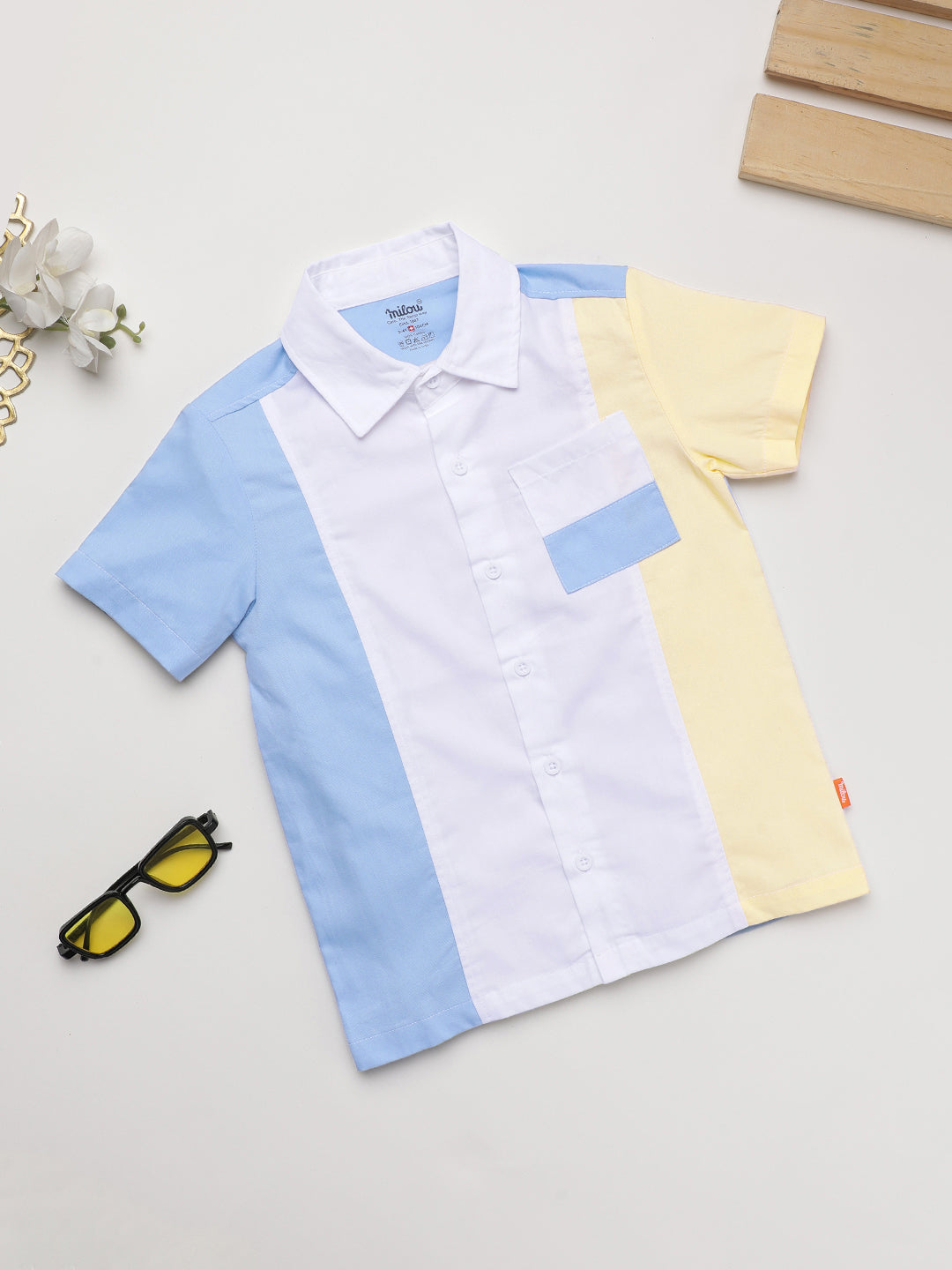 Milou Kids Cotton Bio Washed Half Sleeve Triple Coloured Shirt for Boys - White