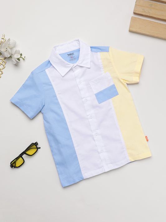 Milou Kids Cotton Bio Washed Half Sleeve Triple Coloured Shirt for Boys - White
