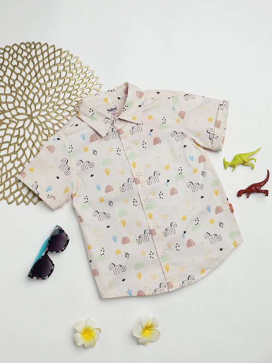 Milou Kids Cotton Half Sleeves All Over Printed Bio Washed Shirt for Boys -Off-White
