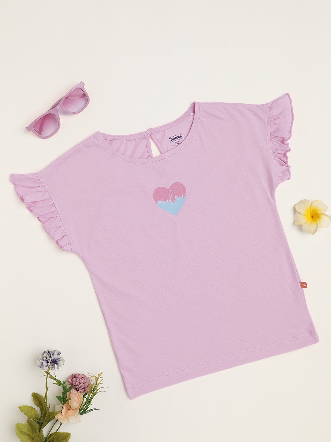 Milou Cotton Frilled Half Sleeves Bio Washed Placement Printed Top - Pink