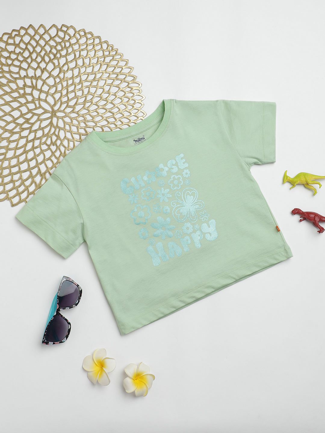 Milou Kids Cotton Half Sleeves Printed Crop Bio Washed Top for Girls -Blue