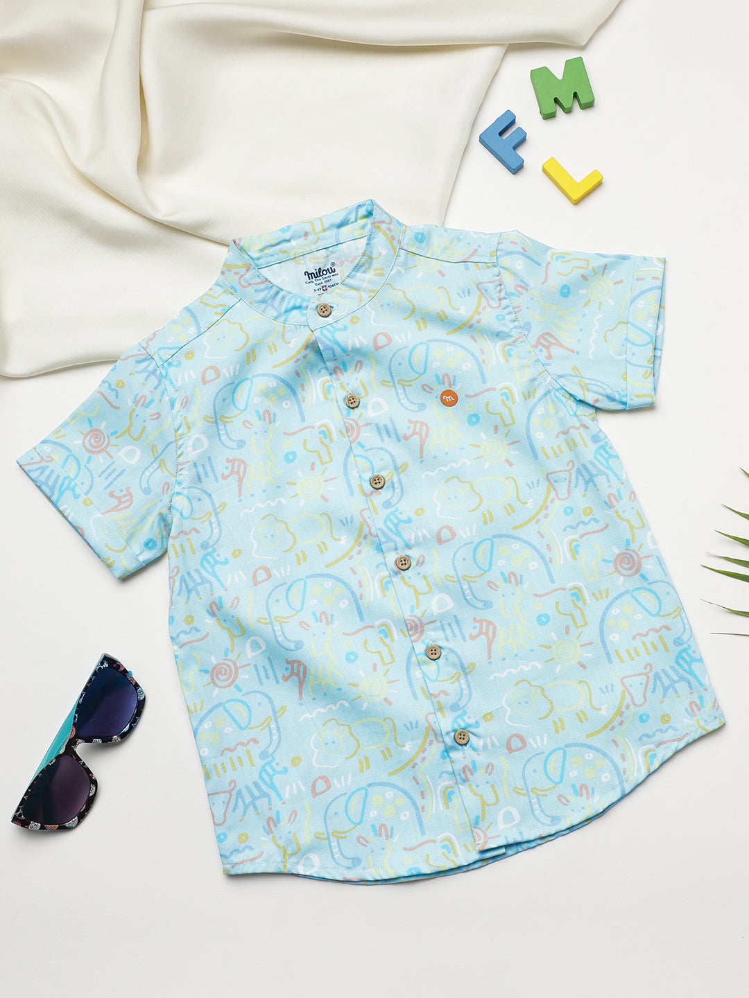 Milou Kids Cotton Bio Washed Half Sleeve Mandarin Collar Printed Shirt for Boys - Light Green