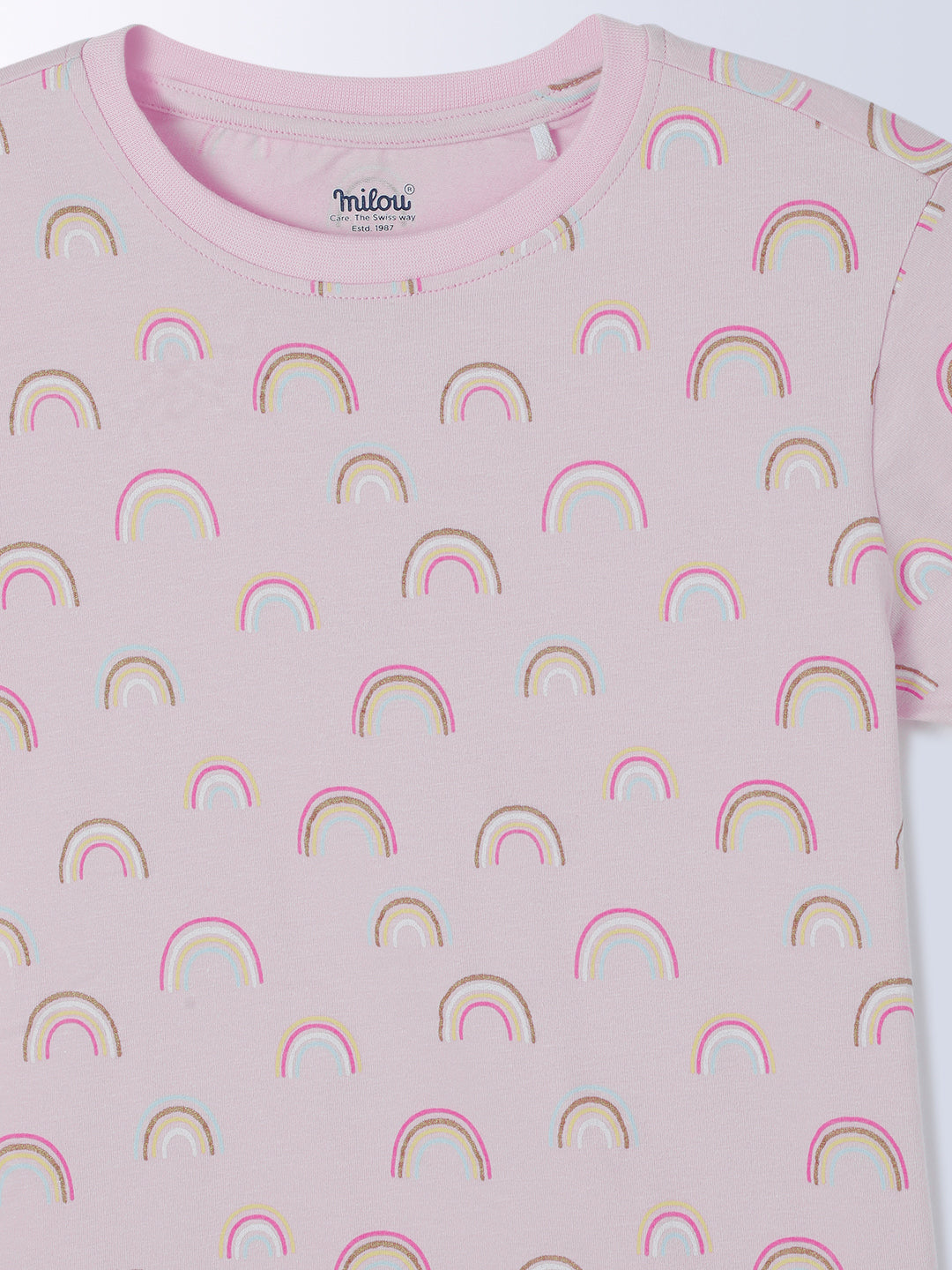 Milou Cotton Bio Washed Printed Short Sleeve Homewear T-Shirt And Pajama Set -Pink