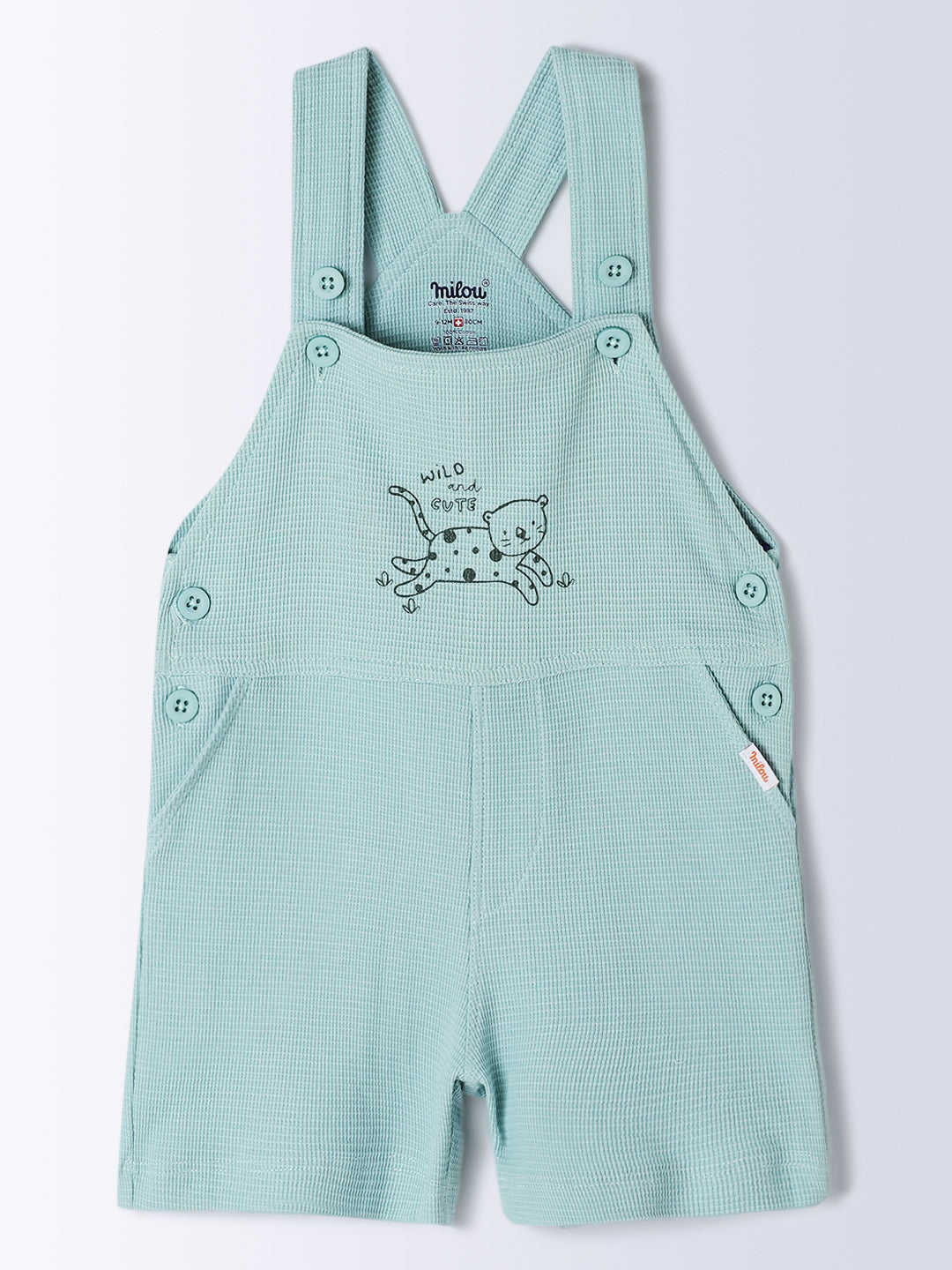 Milou Kids Cotton Bio Washed Half Sleeve Printed Dungaree Set for Boys - White & Green